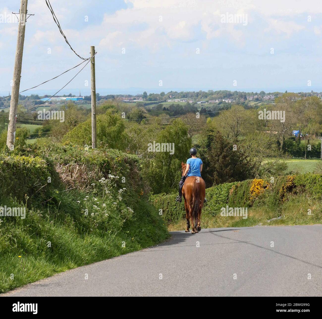 Magheralin, comté d'Armagh, Irlande du Nord. 09 mai 2020. Météo au Royaume-Uni - le beau temps se poursuit avec une autre journée chaude avec des périodes chaudes ensoleillées. L'air plus froid du nord-est fera chuter les températures au cours des prochains jours. Femme en haut bleu à cheval brun-châtaignier sur une route de campagne par un beau jour de printemps. Crédit : CAZIMB/Alamy Live News. Banque D'Images