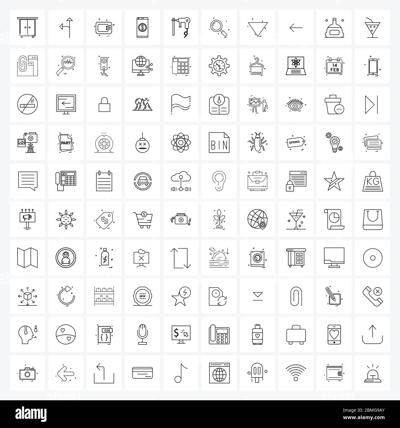 Jeu de 100 icônes et symboles d'interface utilisateur pour le matériel, la perceuse, le micro-ondes, le téléphone, l'illustration du vecteur bancaire Illustration de Vecteur