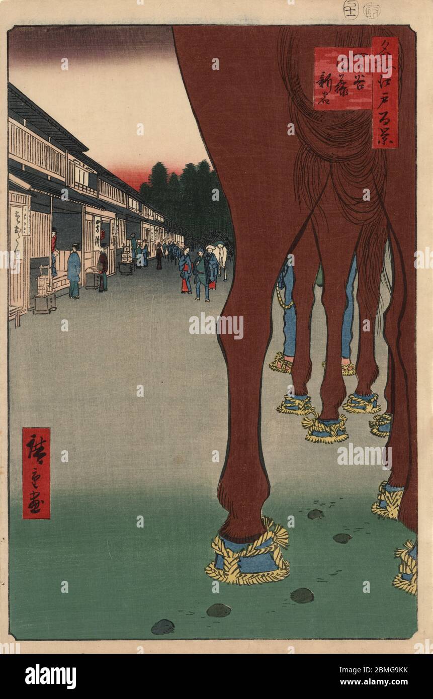 [ 1850 Japon - chevaux à Shinjuku ] — chevaux à chaussures de paille à Naito Shinjuku, la première gare du Koshu Kaido, à Edo (Tokyo actuel), 1857 (Ansei 4). Le Koshu Kaido a relié Edo à la province de Kai (Yamanashi actuel). Cette impression en bois est l'image 86 dans une centaine de vues célèbres d'Edo (名所江戸百景, Meisho Edo Hyakkei), une série créée par l'artiste ukiyoe Utagawa Hiroshige (歌川広重, 1797–1858). C'est l'une des 26 scènes d'automne de la série. Titre: Naito Shinjuku in Yotsuya (四ッ谷内藤新宿, Yotsuya Naito Shinjuku) 19ième siècle vintage Ukiyoe gravure de blocs de bois. Banque D'Images