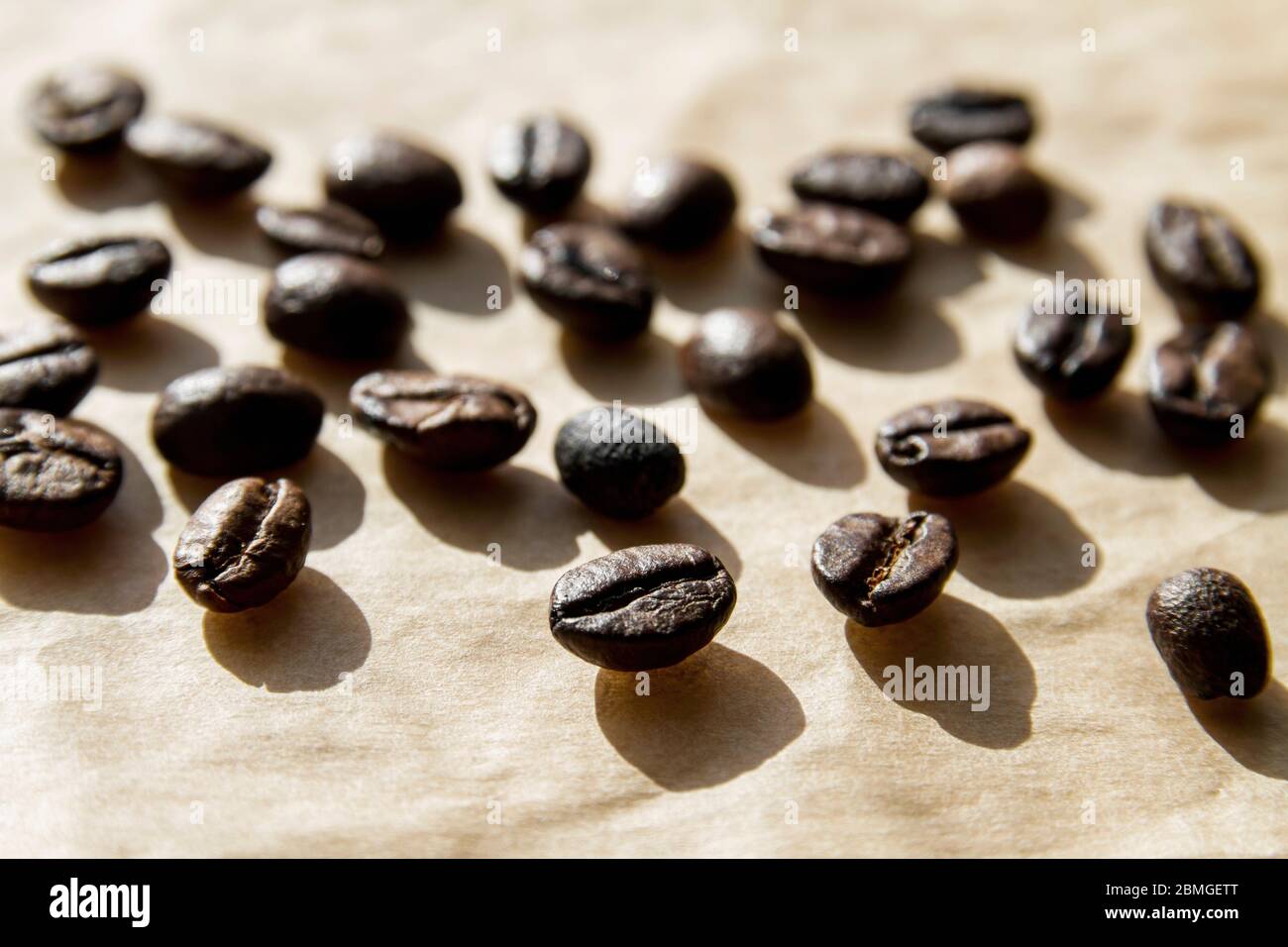 Grains de café sur papier artisanal en plein soleil Banque D'Images