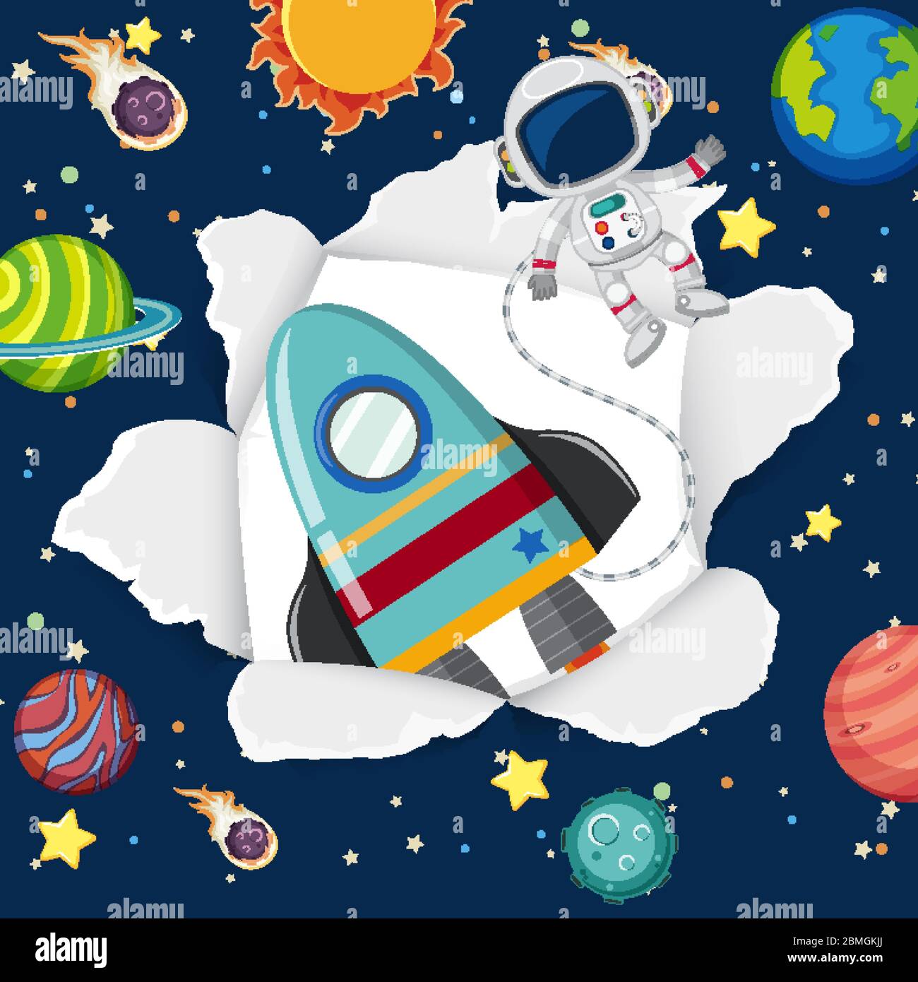 Arrière-plan sur le thème de l'espace avec vaisseau spatial volant dans l'illustration de l'espace Illustration de Vecteur