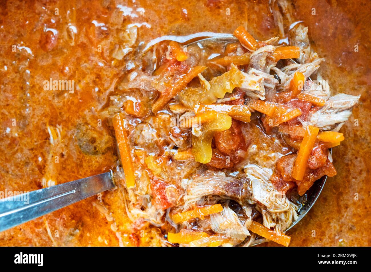 Vue de dessus de la louche avec une portion de soupe Oxtail maison en gros plan Banque D'Images