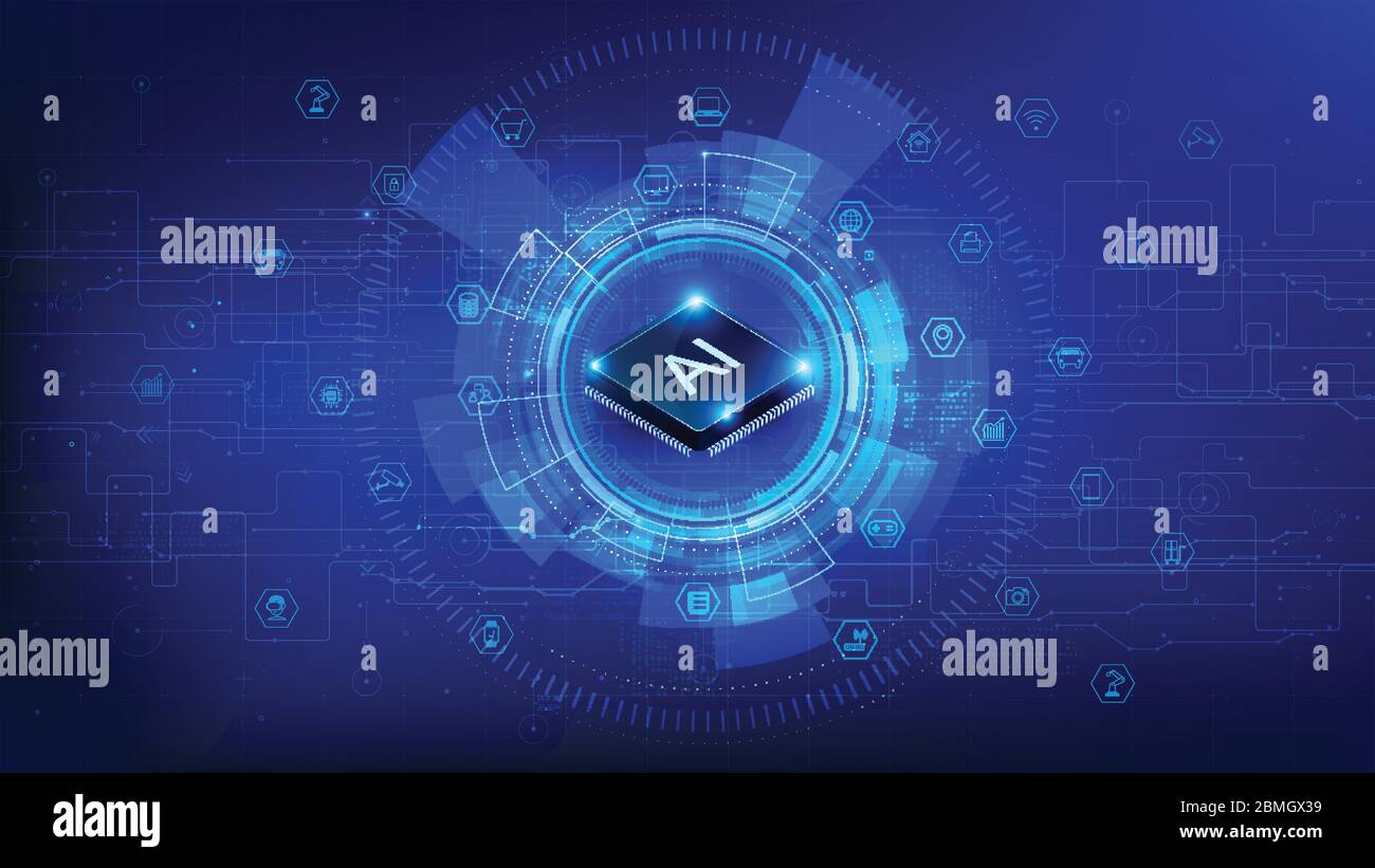 Futuriste et technologie fond bleu foncé, chipset de processeur et icônes d'Internet des objets pour la communication et l'innovation concept de réseau, avec ligne a Illustration de Vecteur