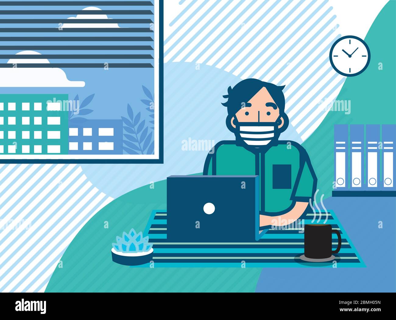 Scène d'un homme portant un masque facial se mettre en quarantaine et travaillant de chez lui pendant la période de contrôle de mouvement. Illustration de Vecteur