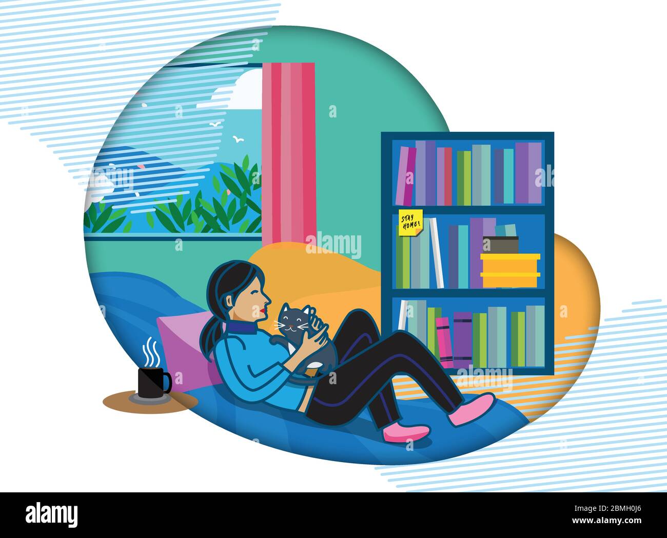Femme se posant sur le canapé et jouant avec son chat. Pratiquez la distance sociale et restez à la maison pendant la période d'éclosion du coronavirus. Illustration de Vecteur