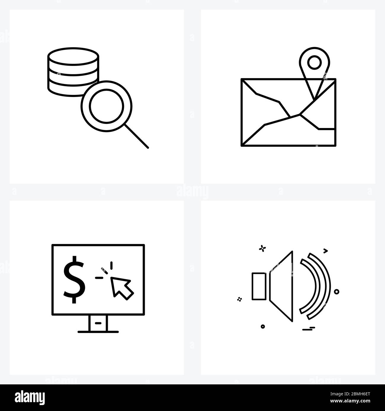 Jeu de 4 icônes et symboles d'interface utilisateur pour les Big Data, par, emplacement, shopping, illustration vectorielle musicale Illustration de Vecteur