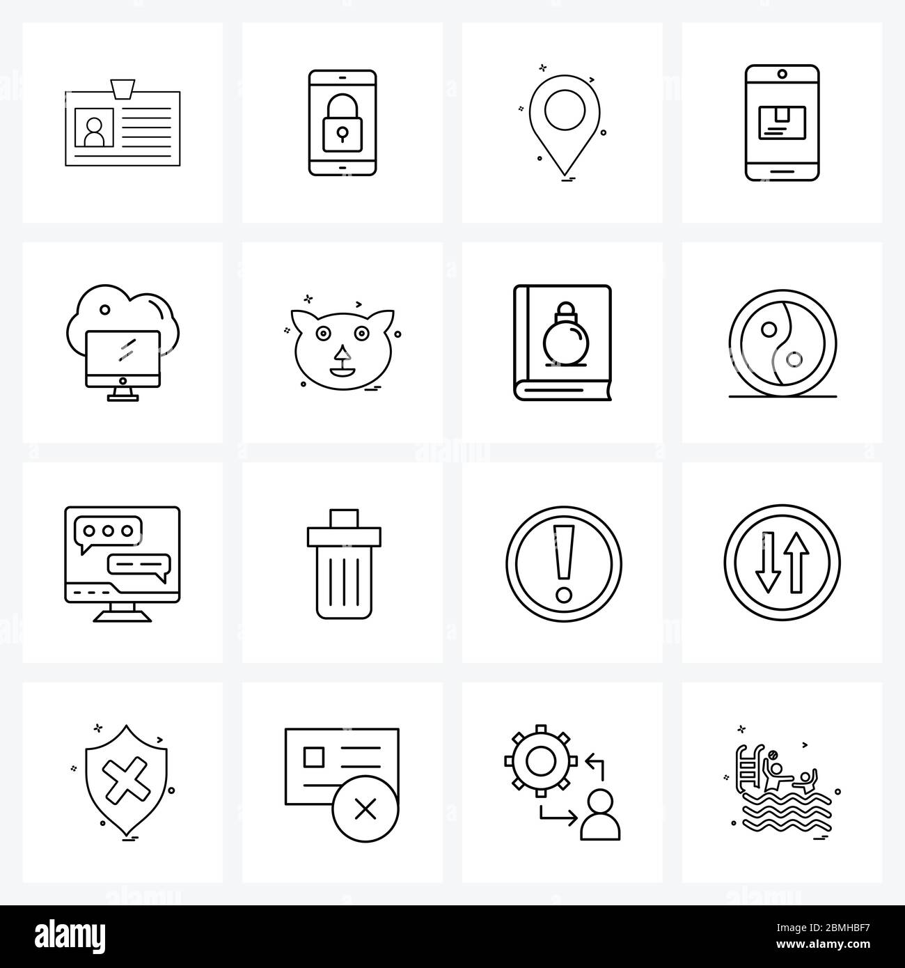 Ensemble de 16 lignes de signes et symboles d'icône d'animal, de nuage, de carte, de moniteur, de vecteur mobile Illustration Illustration de Vecteur