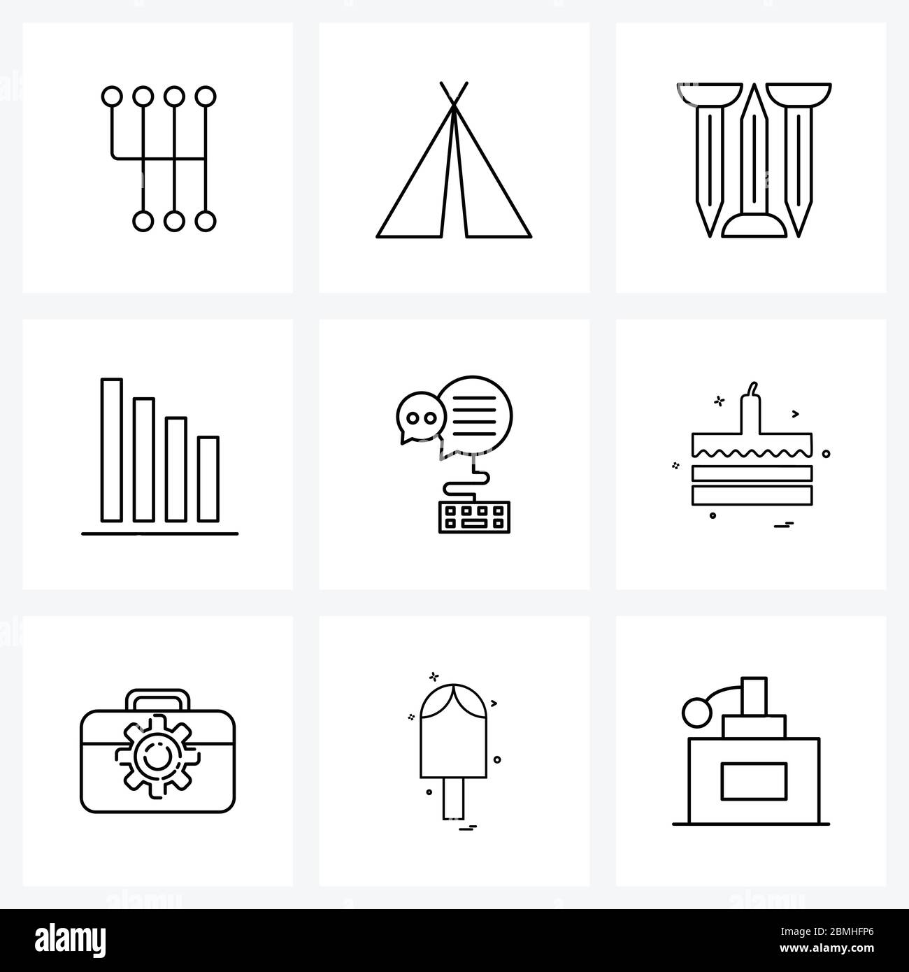 Ensemble de 9 icônes et symboles d'interface utilisateur pour chat, tableau de bord, vacances, graphique à barres, illustration du vecteur de réparation Illustration de Vecteur