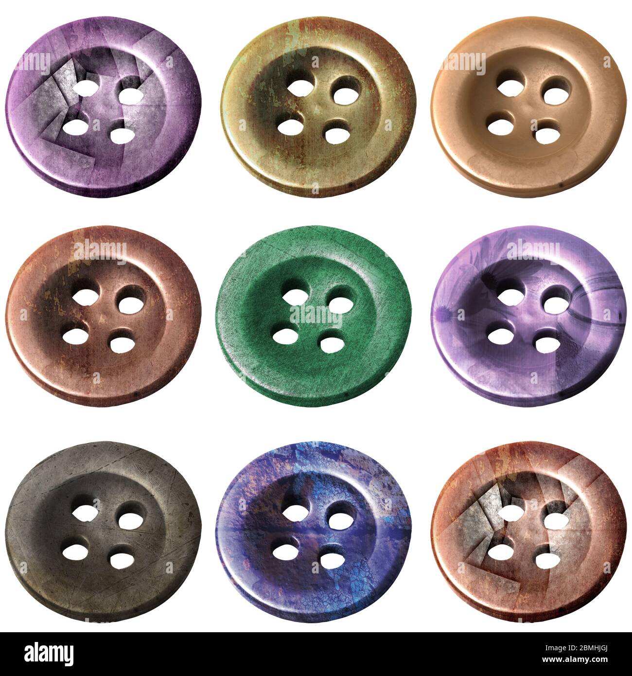 boutons real multicolores avec différentes textures sur fond blanc pour album. Banque D'Images