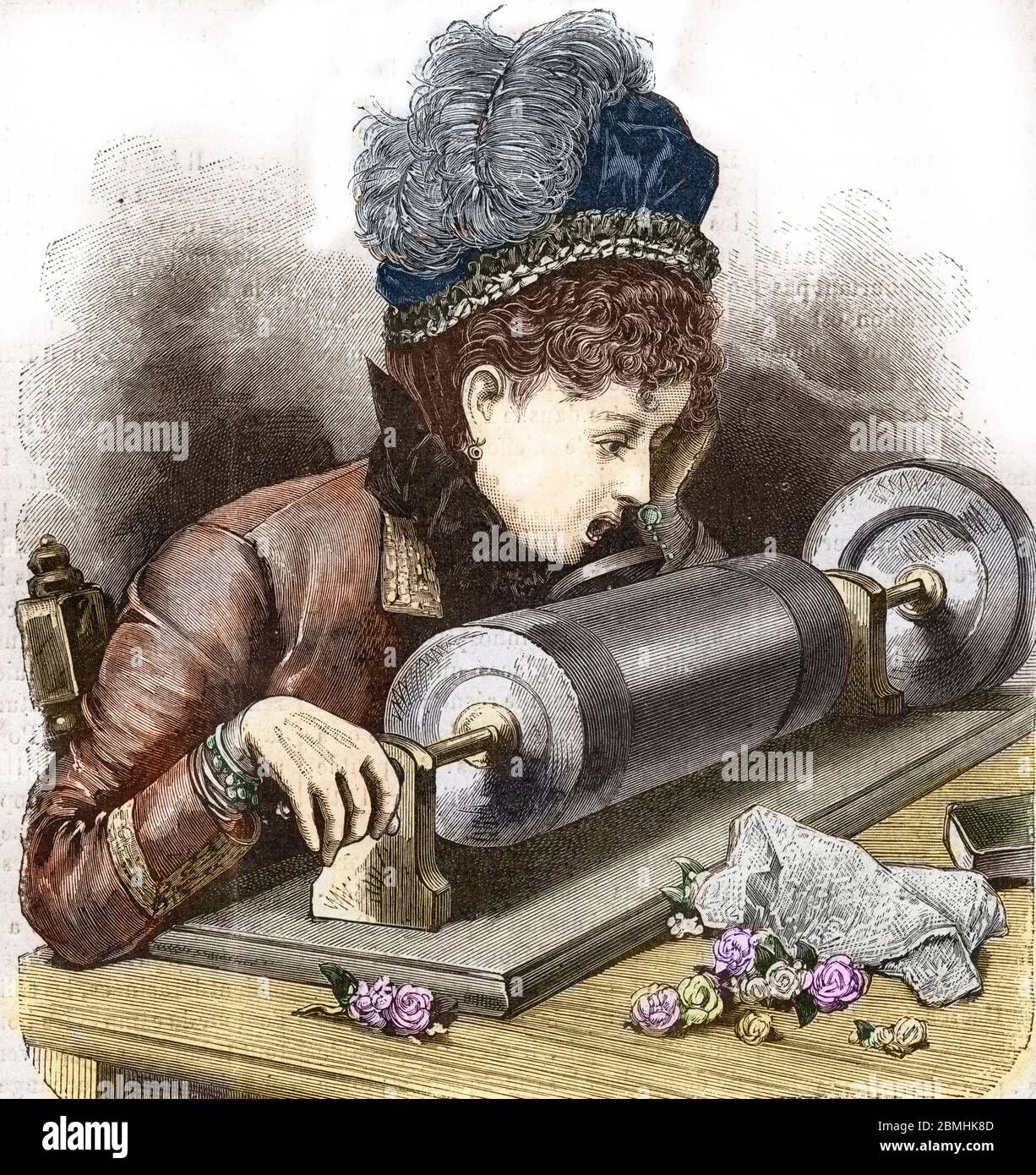 Le phonographe de Thomas Edison (1877) : enregistrement d'un fils, une jeune femme enregistrée sa propre voix - Gravide - enregistrement sonore : une femme reco Banque D'Images