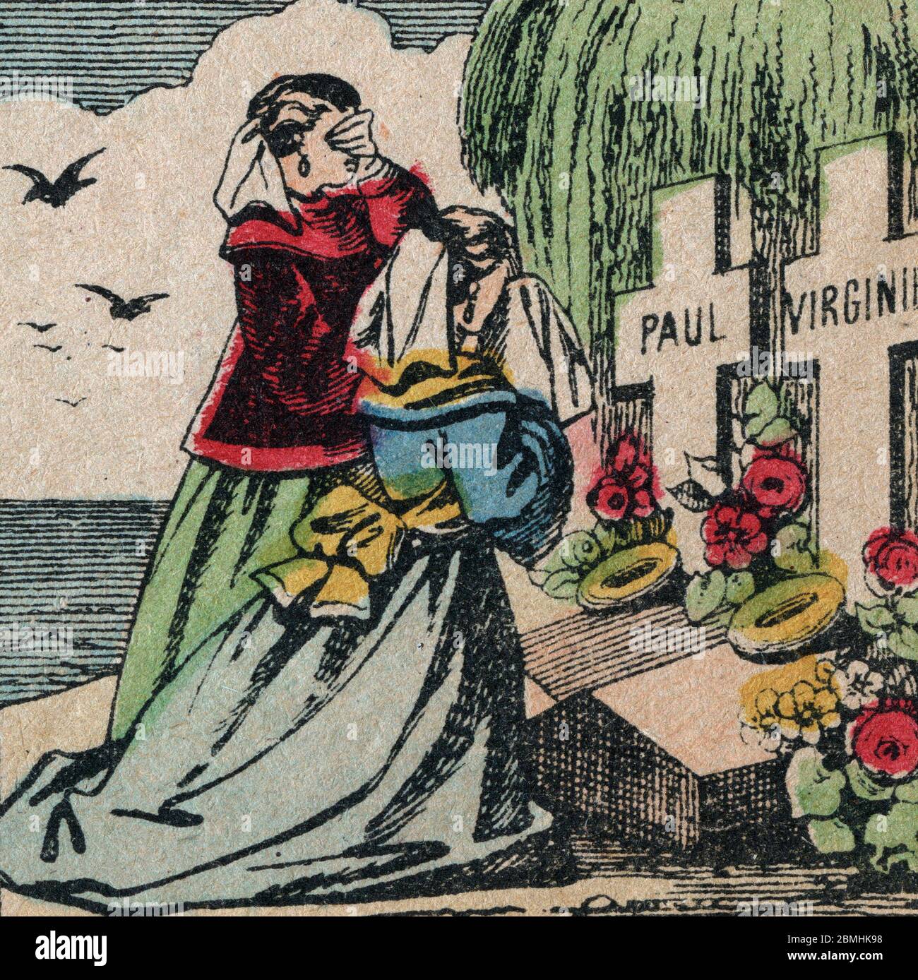 Illustration de 'Paul et Virginie' de Bernardin de Saint Pierre (1737-1814) : Paul et Virginie enterres côte a cote sont pleurés par leur famille - Pa Banque D'Images