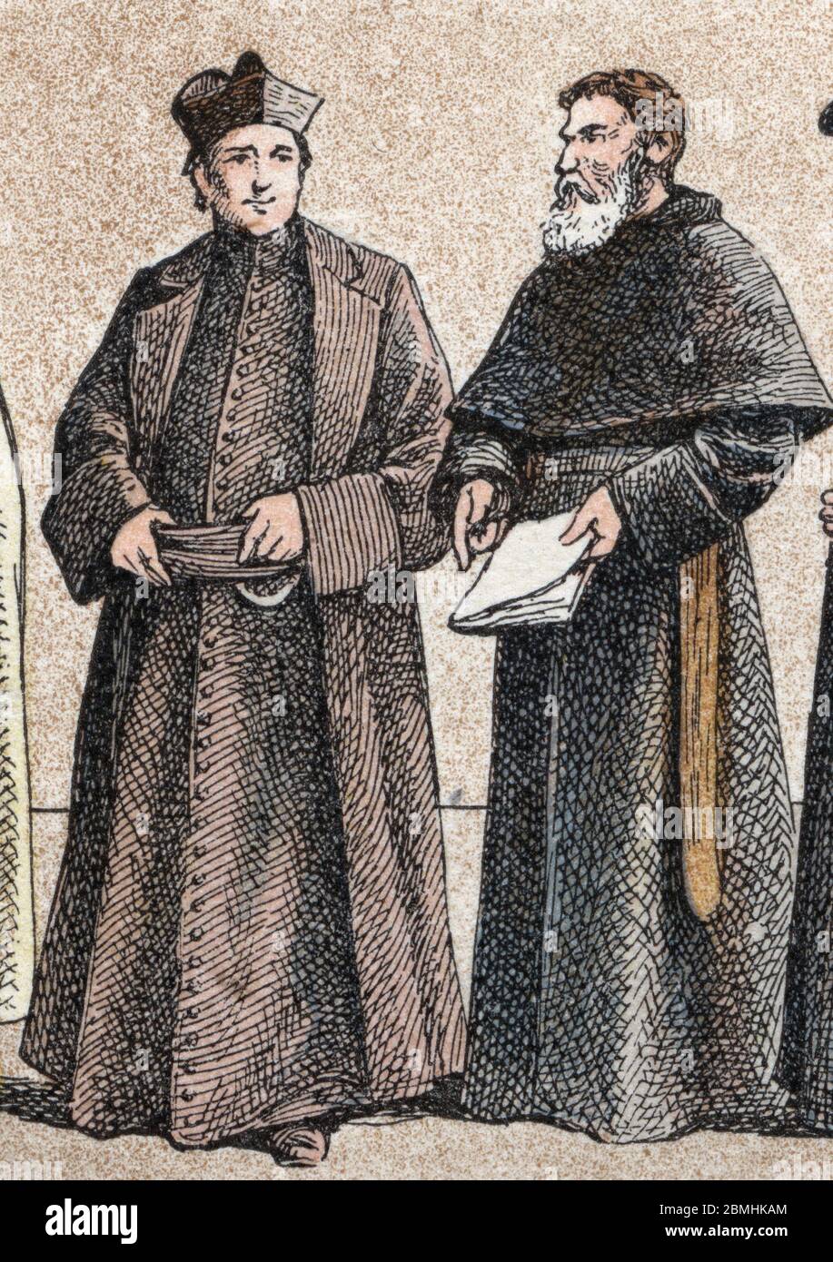 Costumes religieux : de g a d portrait d'un jesuite et d'un frère Assomptionniste (membre de la congrégation des Augustins de l'Assomption) - Gravure Banque D'Images