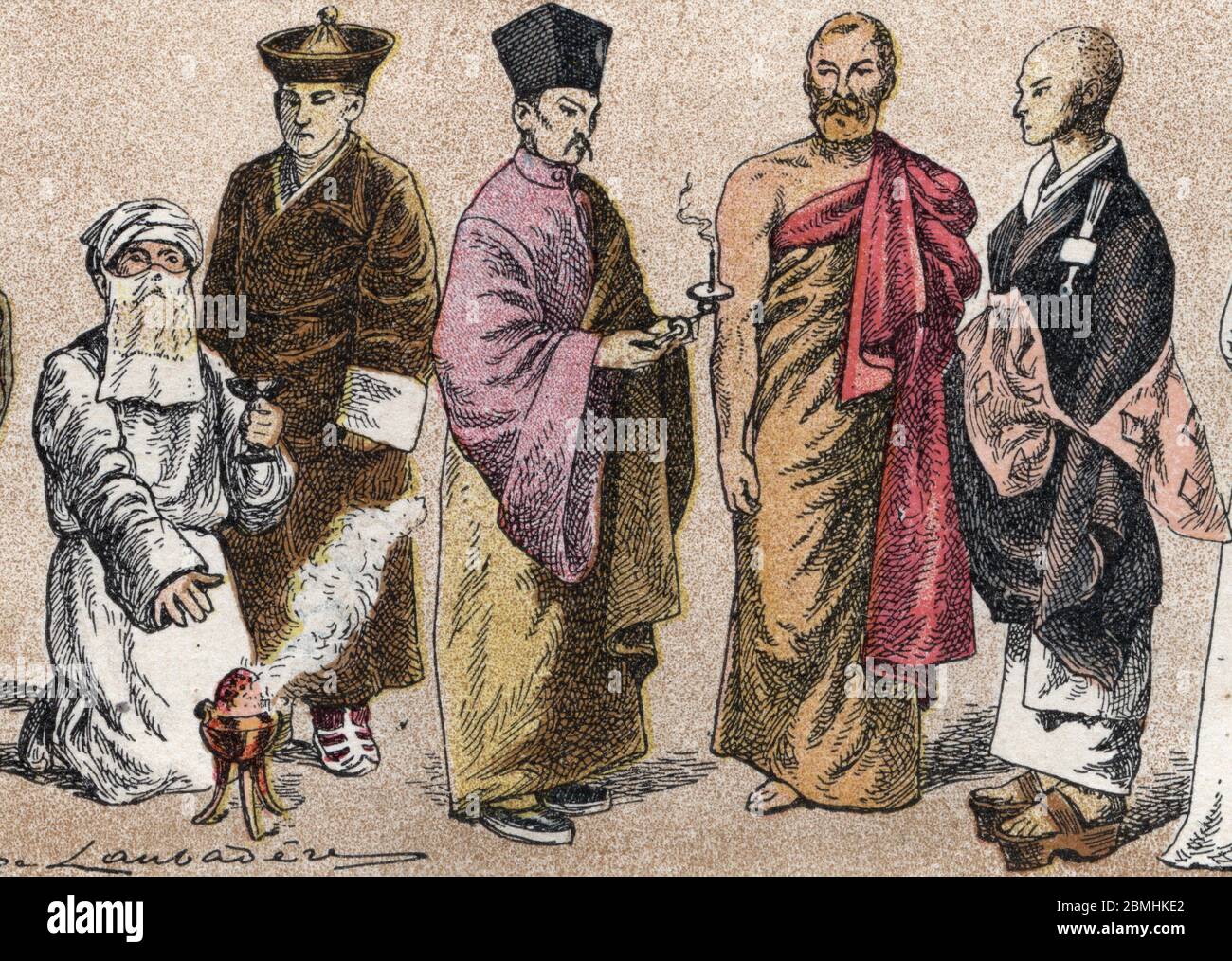Costumes religieux d'Asie : de g a d portrait d'un prétre Parsi (parse ou adepte du parsise), lama (maitre spirituel tibelain), pretre bouddhiste chi Banque D'Images