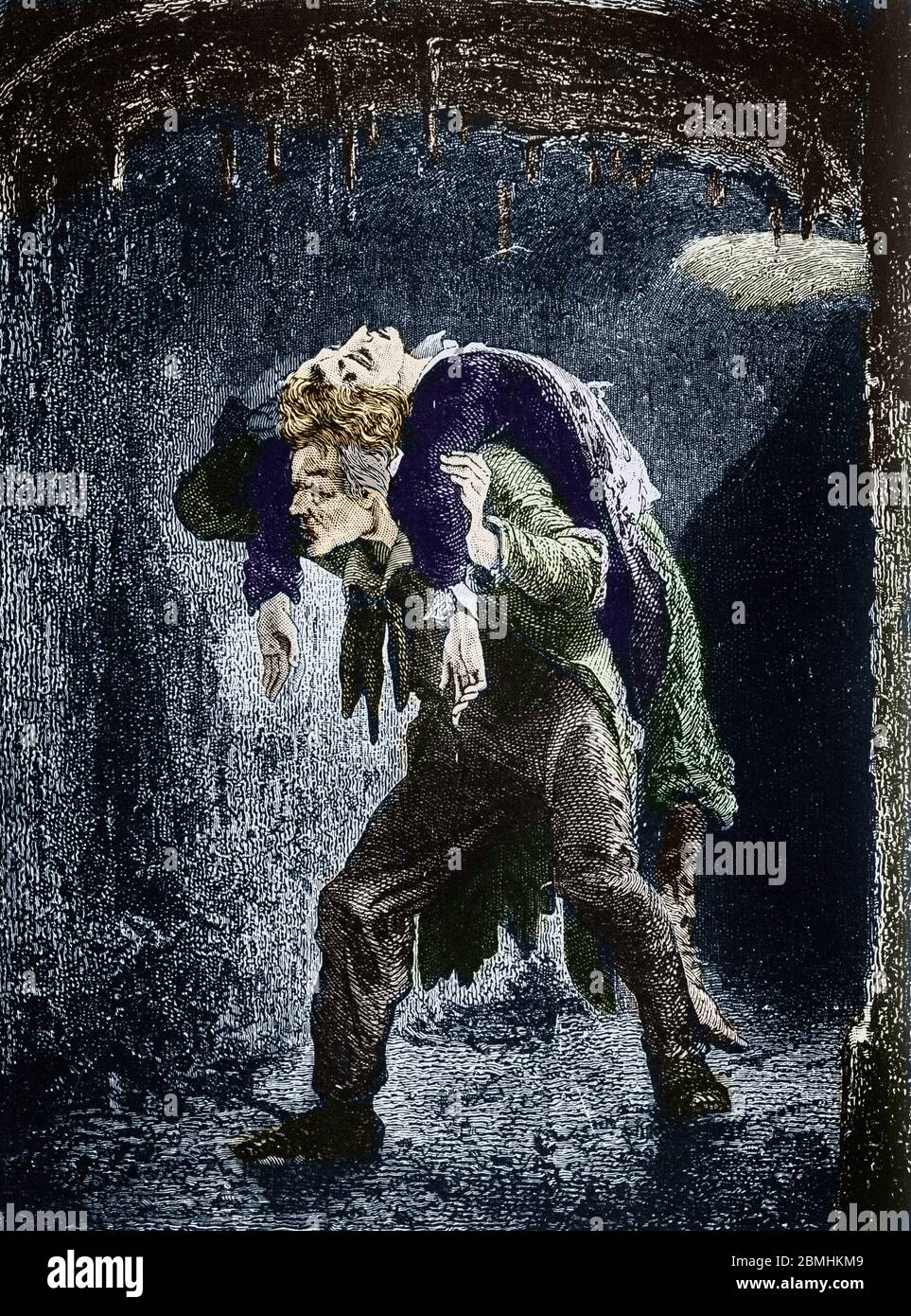 'Jean Valjean, Marius blesse sur son dos, fuyant dans les Ebouts de Paris' Illustration du roman 'les Miserables' de Victor Hugo (1802-1885) Illustrat Banque D'Images