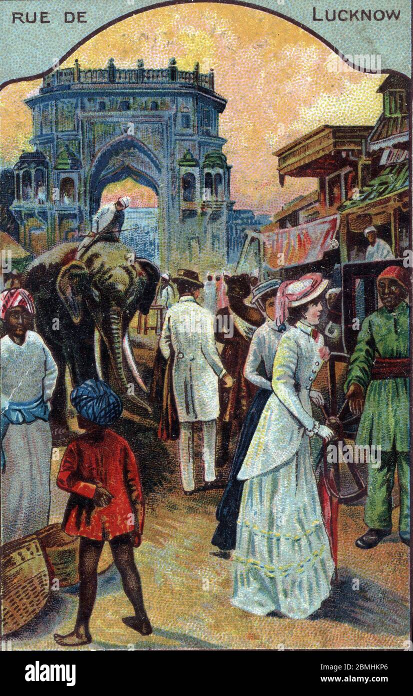 Histoire du tourisme : visites occidentaux dans les rues de Lucknow, Inde (touristes occidentaux dans une rue de Lucknow, Inde) Chromographie du 19e Banque D'Images