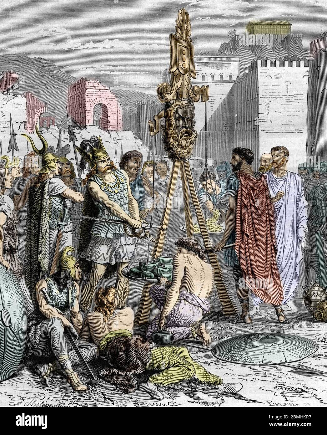 Brennus mettant son épée dans la balance', 390 avant JC : Mise a sac de Rome  par les Gaulois par leur chef Brennus (Brennos) Devant la resisita Photo  Stock - Alamy
