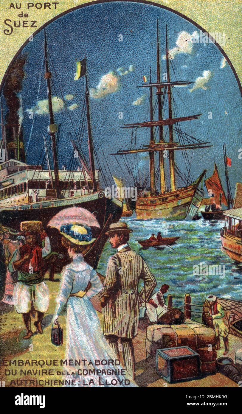 Tourisme de luxe : l'embarquement des passagers d'une croisière sur la compagnie aérienne Lloyd dans le port de Suez, Egypte (Tourist on Luxury cr Banque D'Images