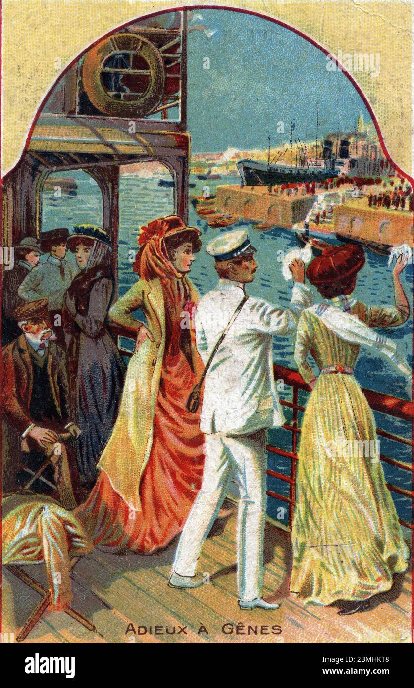 Tourisme de luxe : les passagers d'une croisière au moment du départ du port de Genes, italie (croisière de luxe au départ du port de Gênes, Italie) Banque D'Images