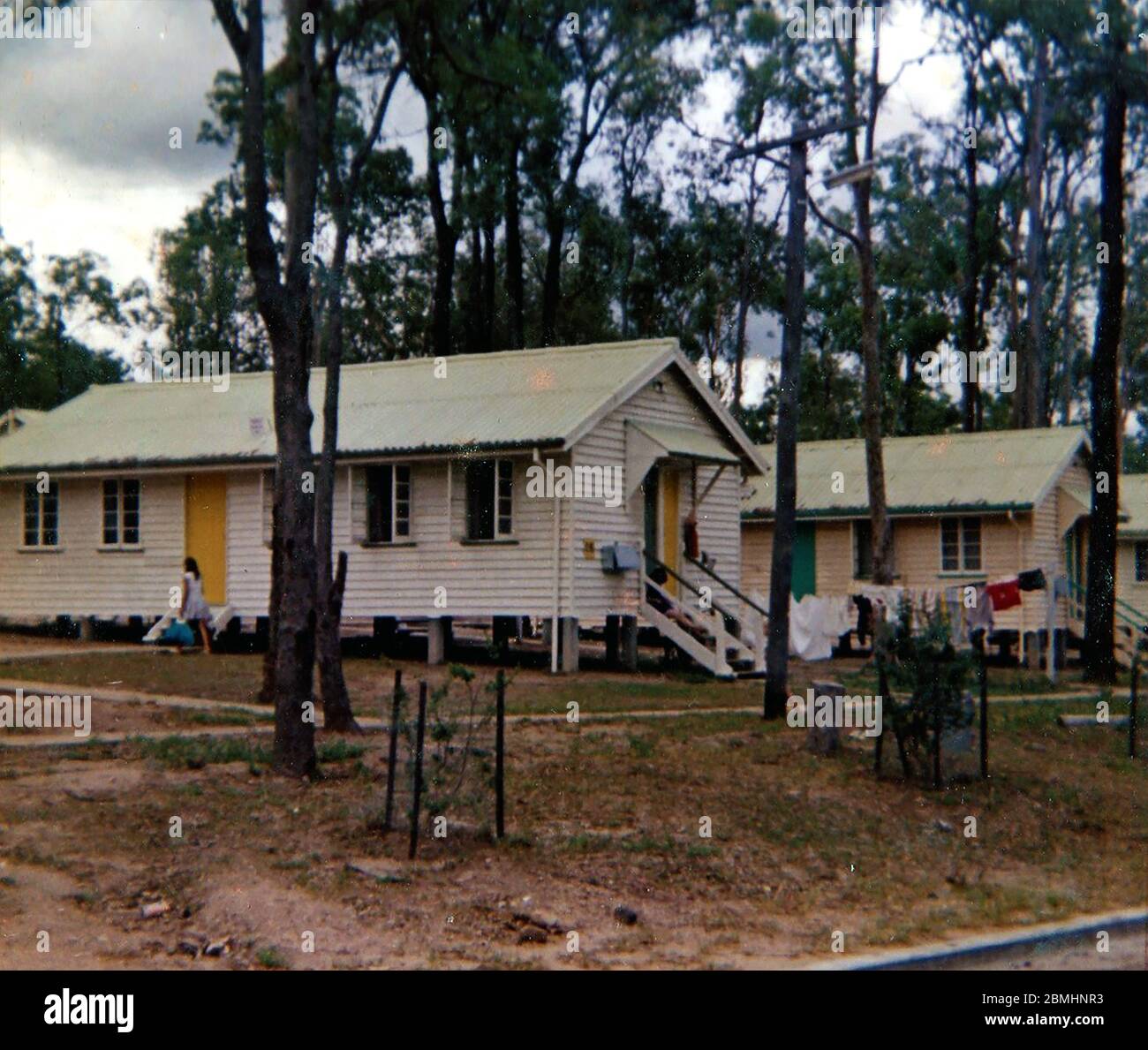 Ten Pound poms - logements immigrants à l'auberge de jeunesse de Wacol (1969) , près de Brisbane, Australie. Plus tard, le site est devenu prison de Wacol Banque D'Images