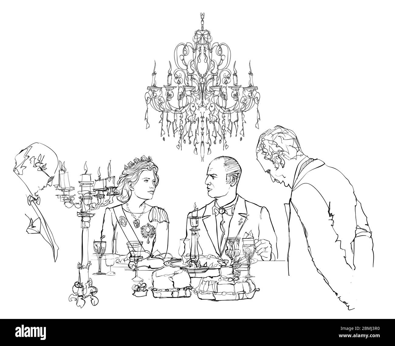 Couple royal ayant un dîner romantique assis à la table bien décorée avec des bougies - illustration vectorielle (idéal pour l'impression sur tissu ou papier, po Illustration de Vecteur