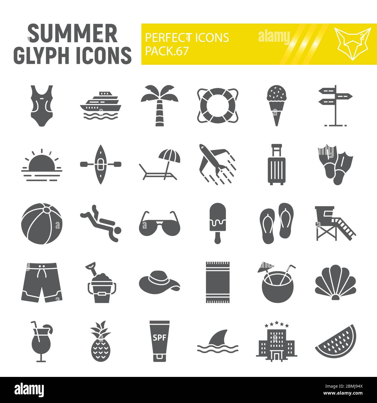 Jeu d'icônes de glyphe d'été, collection de symboles de voyage, croquis vectoriels, illustrations de logo, icônes de plage, panneaux touristiques paquet de pictogrammes pleins isolés Illustration de Vecteur