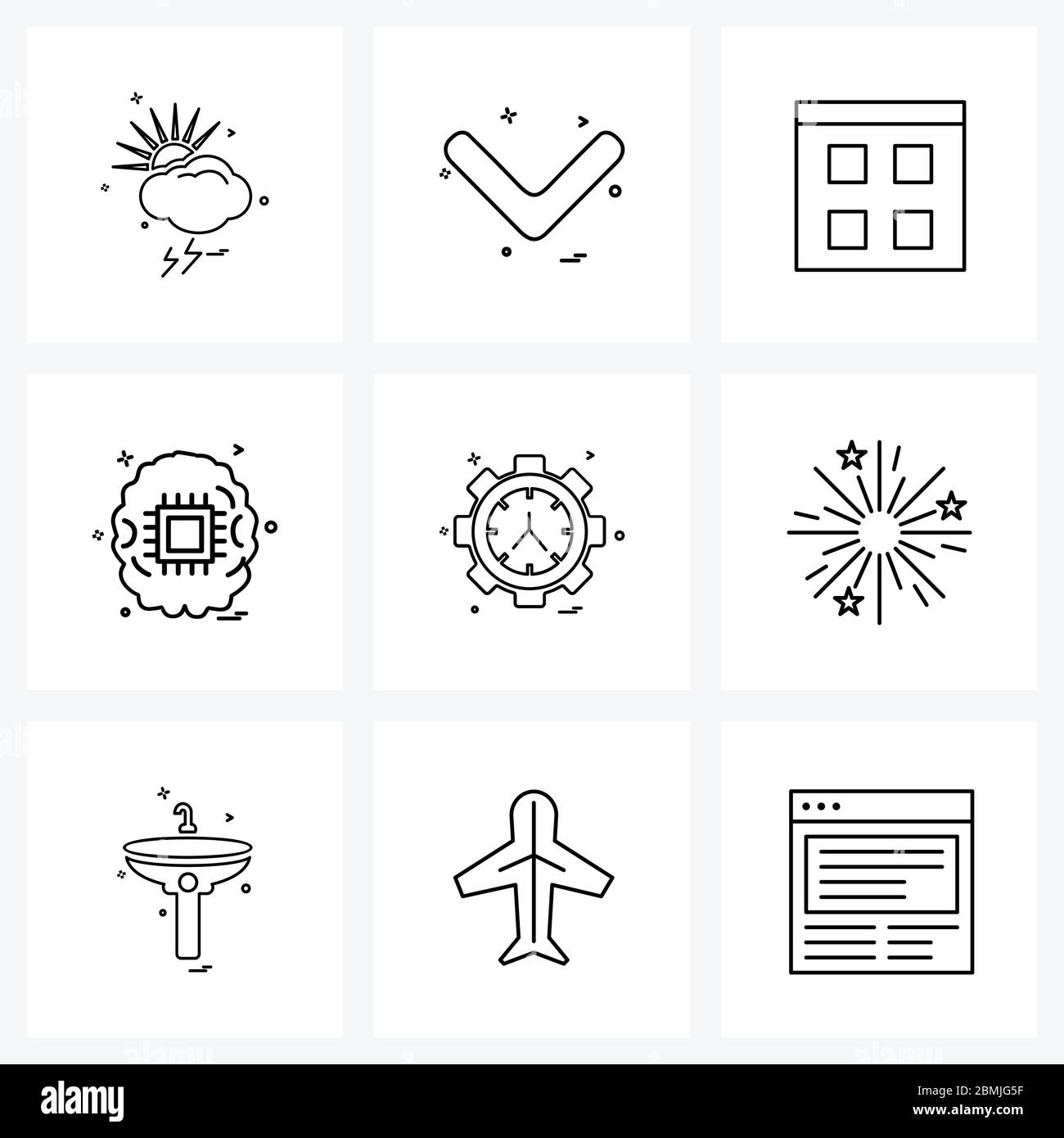 Ensemble de 9 lignes d'horloge à engrenage, de processeur, de ci, de ci, de vecteur cloud, de style moderne Illustration de Vecteur