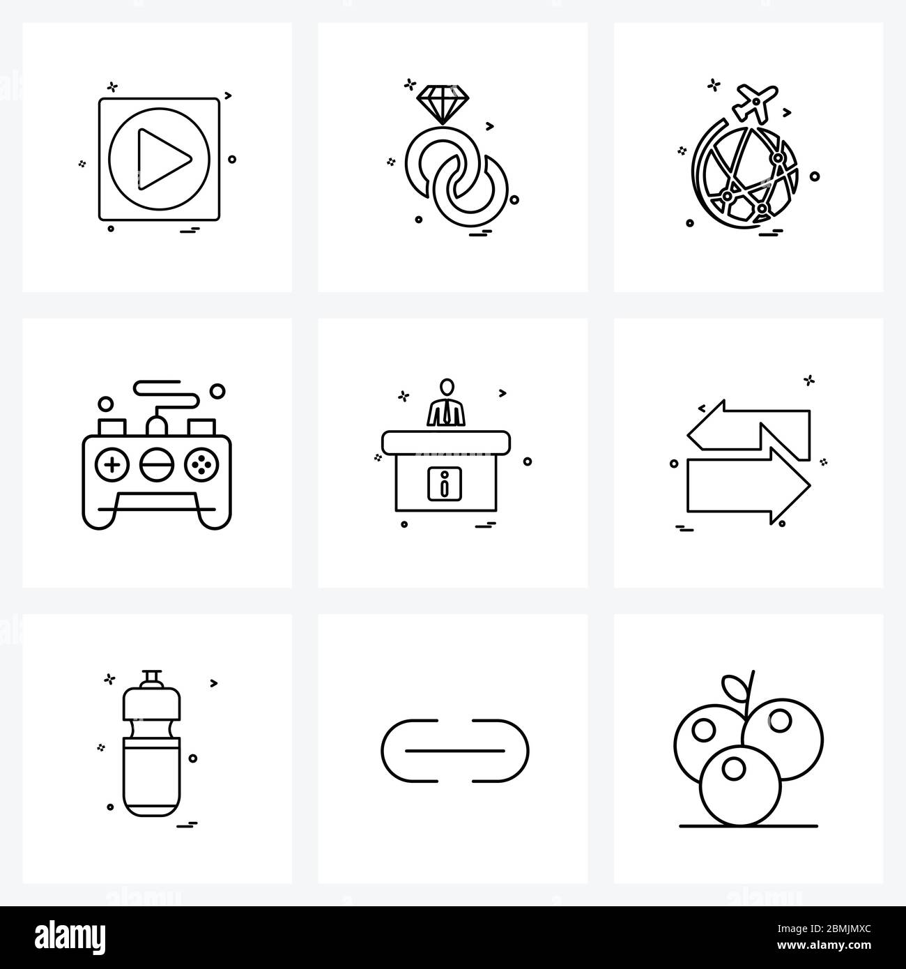 Ensemble de 9 icônes de ligne moderne de bureau, avatar, monde, manette, scénario de jeu Illustration Illustration de Vecteur