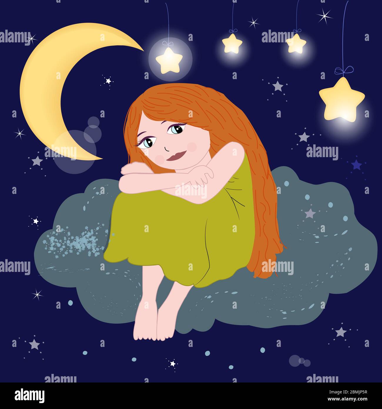 Jolie fille assise sur le vecteur ciel de nuit de nuage Illustration de Vecteur