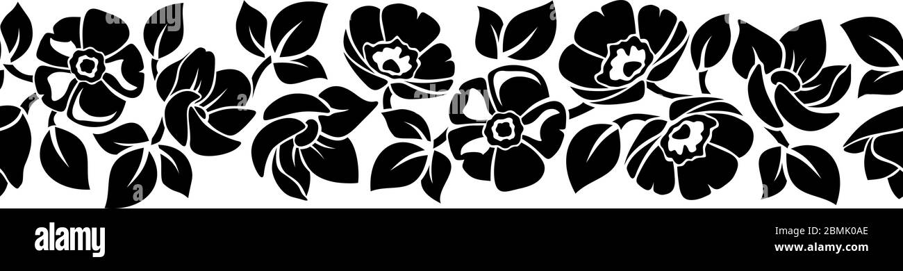 Bordure noire et blanche sans couture horizontale vectorielle avec silhouettes de fleurs. Illustration de Vecteur