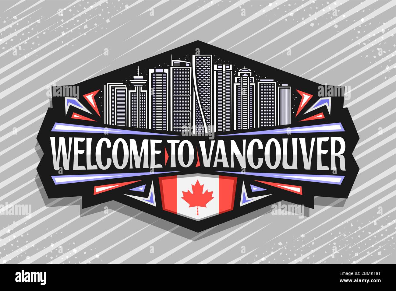 Logo Vector pour Vancouver, badge décoratif noir avec illustration de la ville de vancouver sur fond ciel crépuscule, aimant de réfrigérateur design artistique avec Illustration de Vecteur