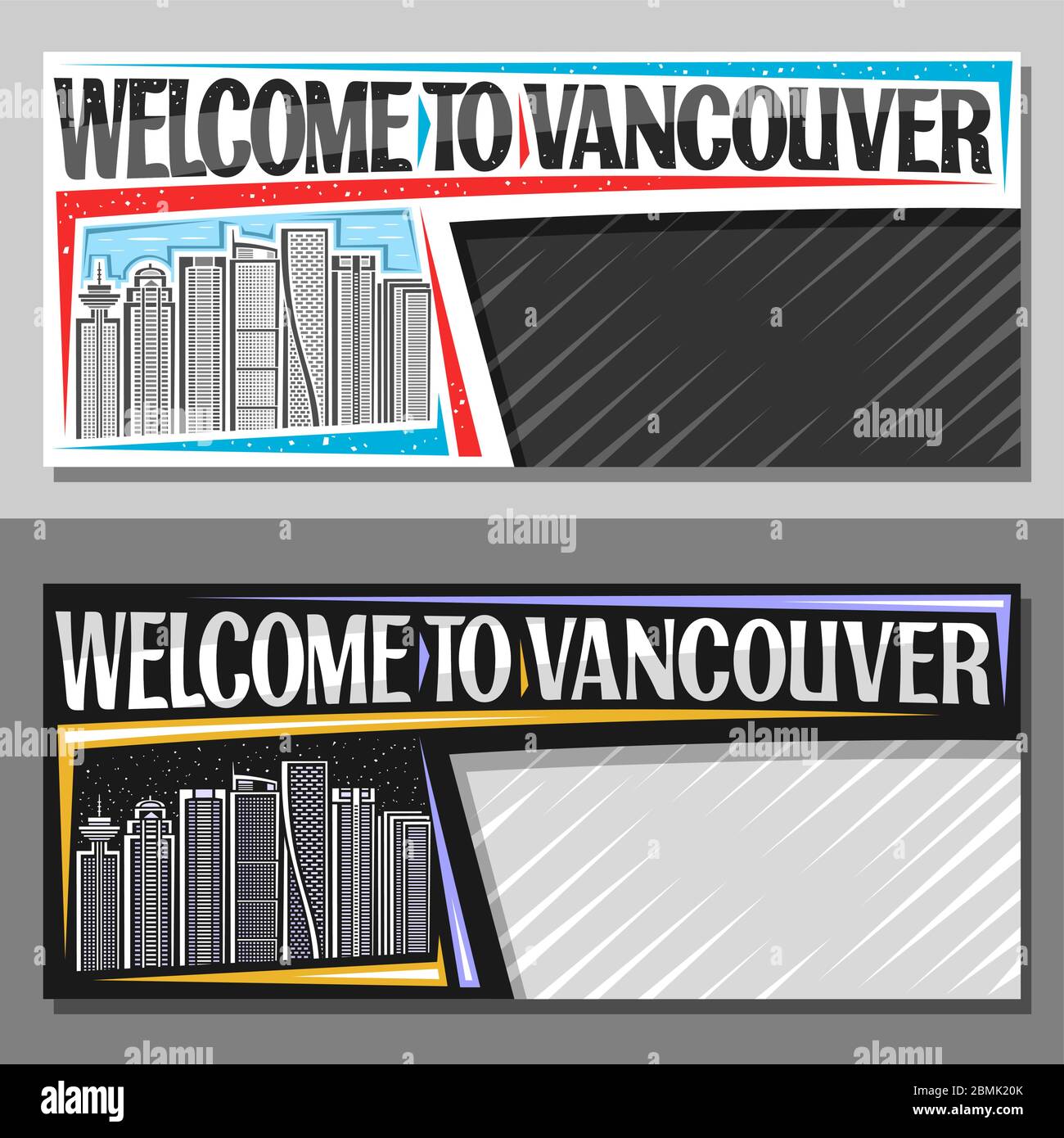 Mises en page vectorielles pour Vancouver avec espace de copie, bon décoratif avec illustration de la ville de vancouver sur fond de ciel de jour et de crépuscule, art de Illustration de Vecteur