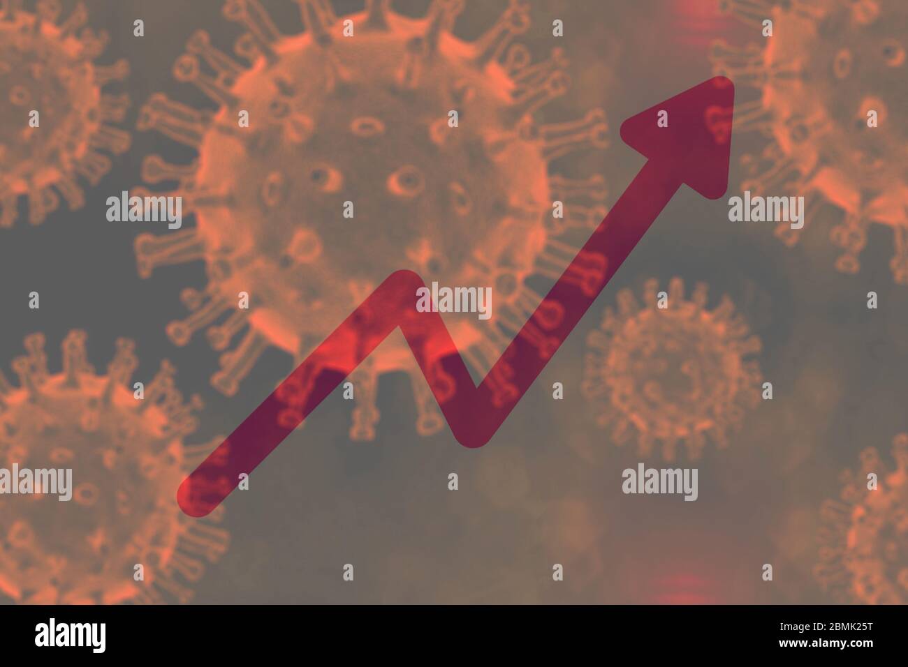 Illustration montrant une repousse Covid-19. Illustration avec une courbe ascendante sur un fond de coronavirus avec le texte regrowth. Flèche rouge vers le haut. Banque D'Images