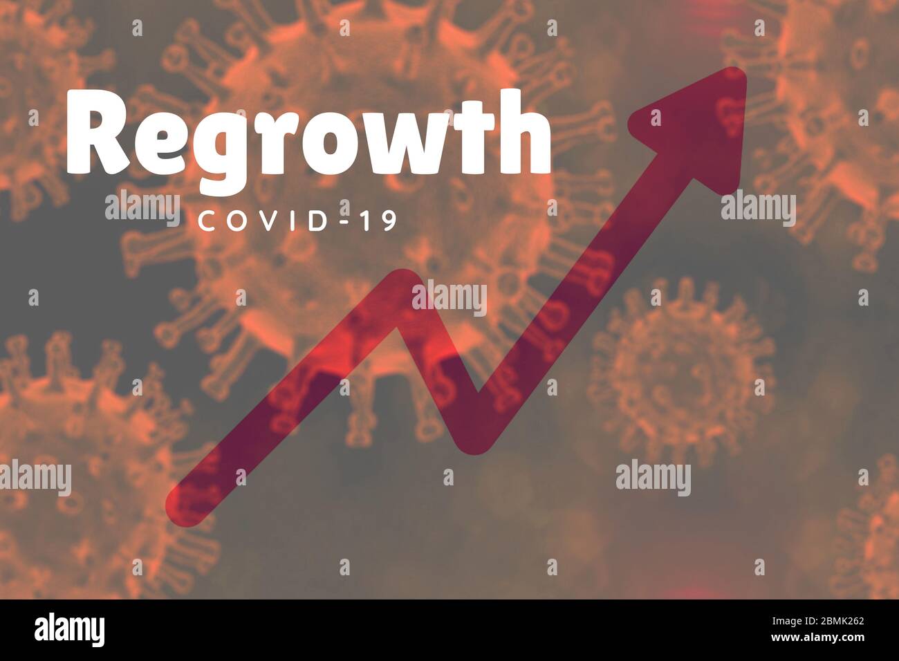 Illustration montrant une repousse Covid-19. Illustration avec une courbe ascendante sur un fond de coronavirus avec le texte regrowth. Flèche rouge vers le haut. Malade Banque D'Images