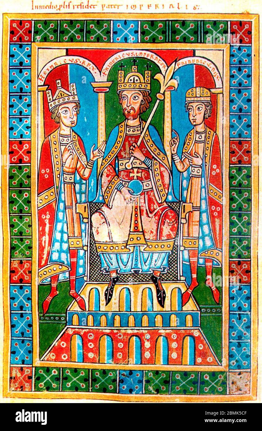 Frédéric I Barbarossa et ses fils, le roi Henry VI et le duc Frederick VI Illustration médiévale de la chronique des Guelfes (Abbaye de Weingarten, 1179-1191). Banque D'Images