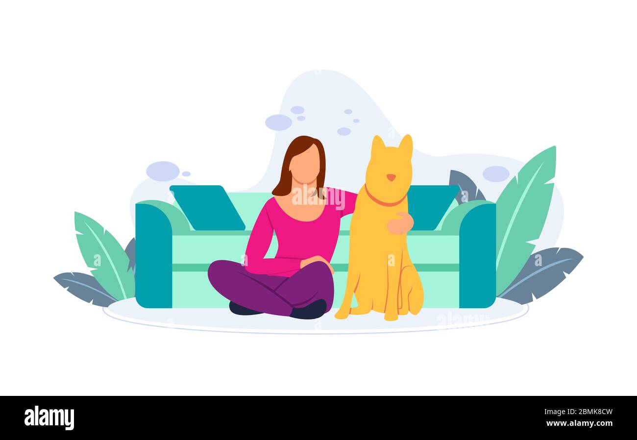 Illustration vectorielle plate d'une femme assise heureuse devant un canapé embrassant son chien. Activités effectuées en quarantaine à domicile. Illustration de Vecteur