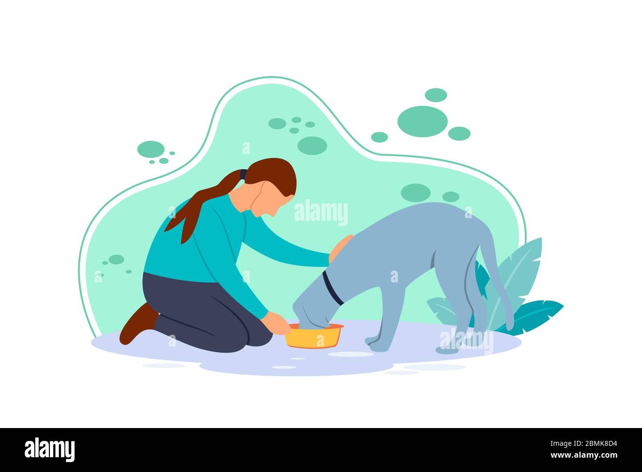 Illustration plate d'une petite fille qui s'accroupissent pour nourrir son chien bien-aimé. Amitié entre un petit enfant et un chien. Activités pour les petits enfants Illustration de Vecteur