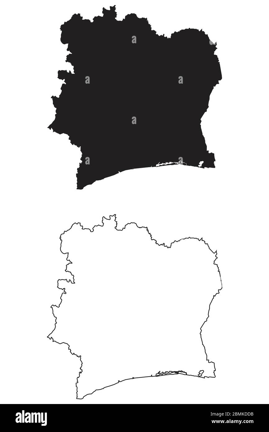 Carte de la Côte d'Ivoire. Silhouette et contour noirs isolés sur fond blanc. Vecteur EPS Illustration de Vecteur