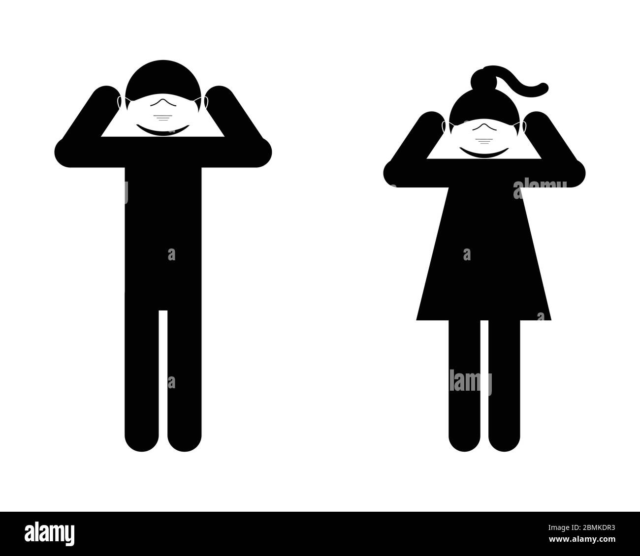 Homme femme portant un masque de visage bâton Figure icône. Pictogramme d'illustration noir et blanc EPS Vector Illustration de Vecteur