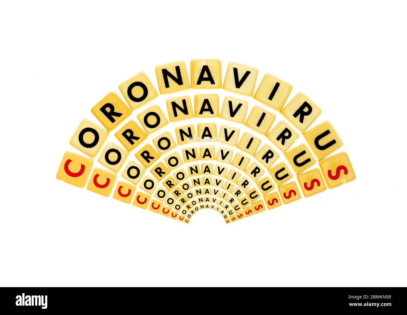 Forme de ventilateur de courbe de coronavirus répétée plusieurs fois sur fond blanc avec des lettres de cube de dés Banque D'Images