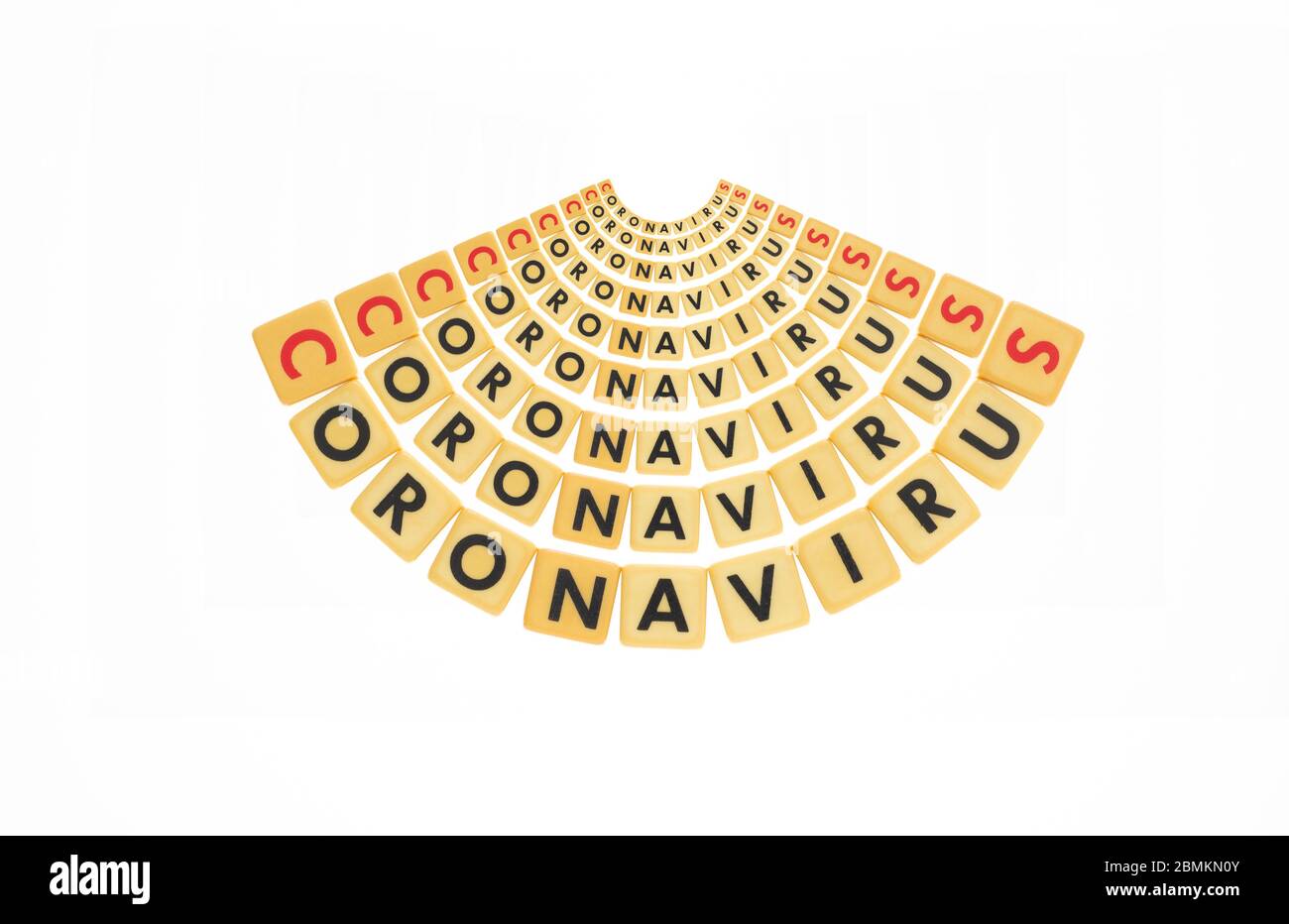 Forme de ventilateur de courbe de coronavirus répétée plusieurs fois sur fond blanc avec des lettres de cube de dés Banque D'Images