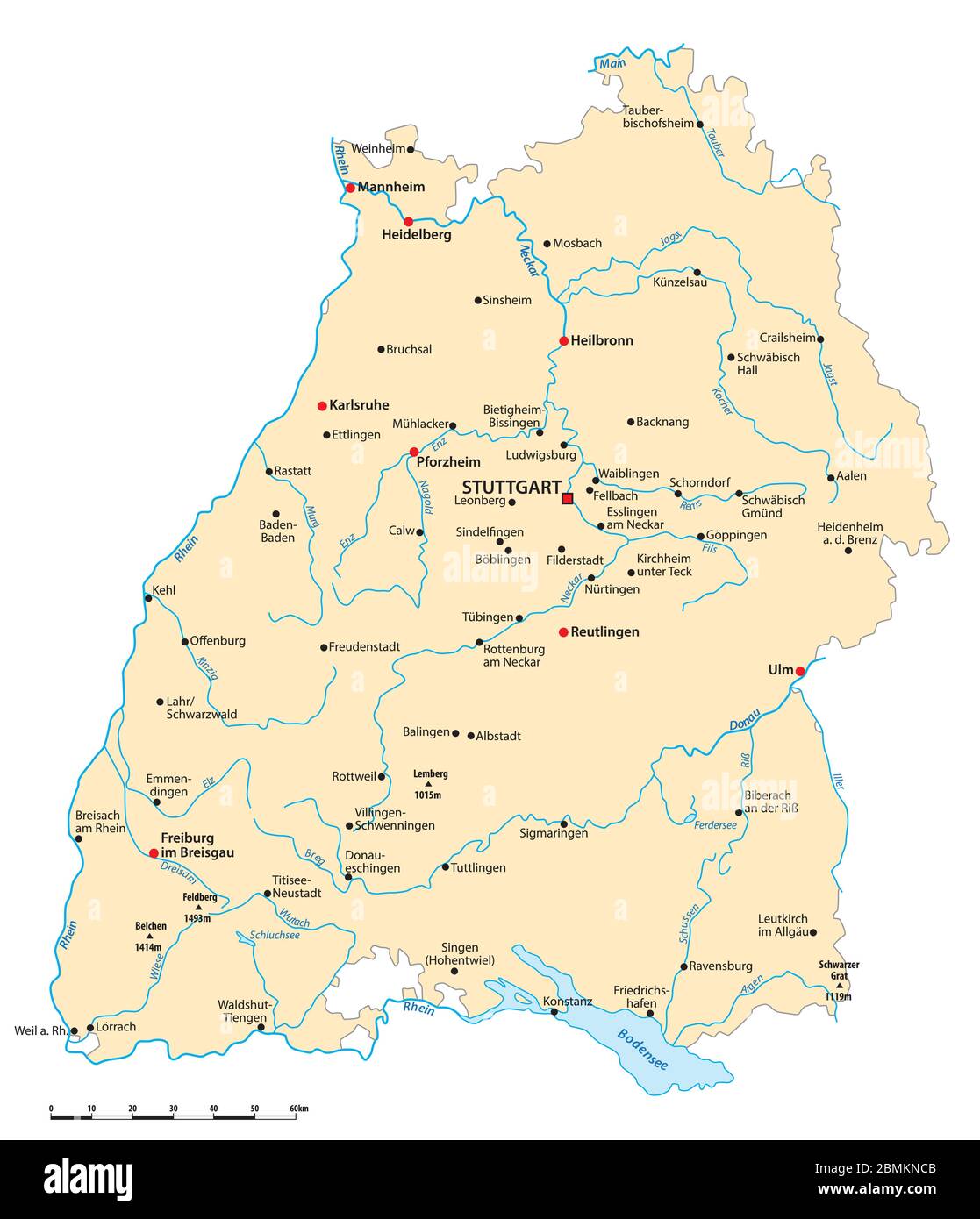 Carte vectorielle de l'état du Bade-wurtemberg avec les grandes villes, Allemagne Illustration de Vecteur