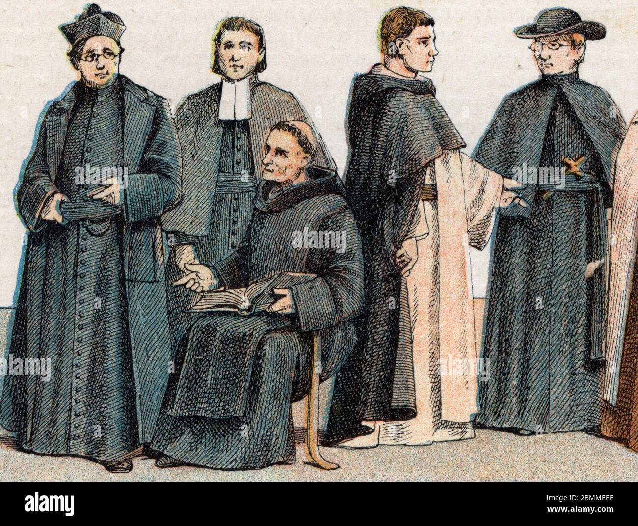 Costumes religieux : de g a d portrait d'un jesuite, un père Mariste (Marcellin Champagnat), un moine benedictin, un dominicain et un obnat - Gravure Banque D'Images