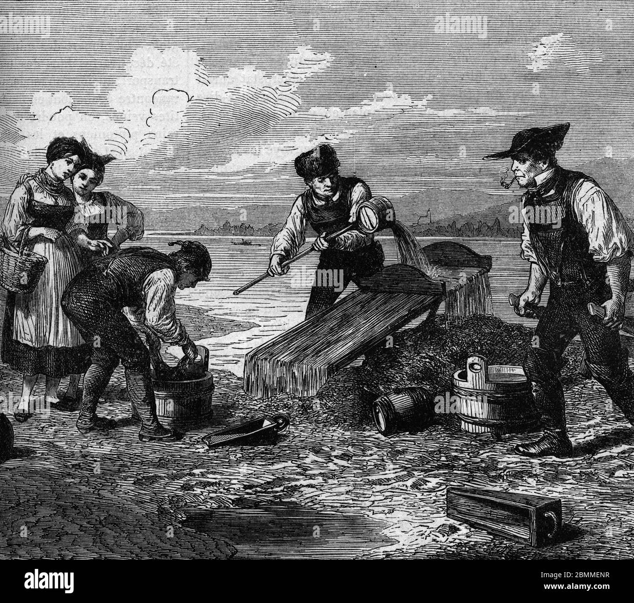 Chers d'Or sur les bords du Rhin, le lavage dess pepites, Allemagne - Gravure - pépites d'Or lavées dans le Rhin, Allemagne Engraving 1880 Pr Banque D'Images