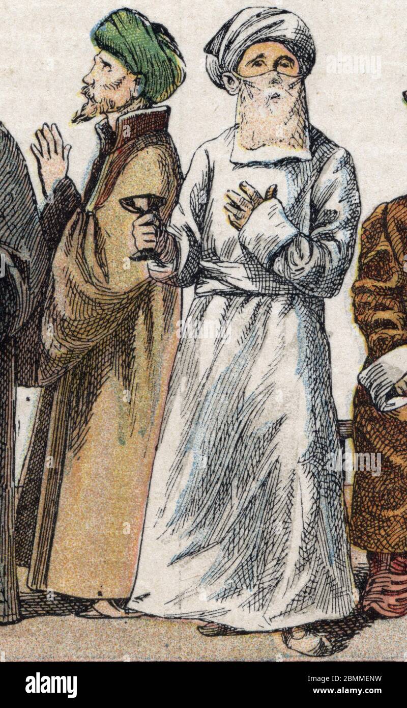 Costumes religieux : de g a d portrait d'un muezzin (membre de la mosquee charge de lancer l'appel a la priere) et d'un prétre Parsi (parse ou adepte Banque D'Images