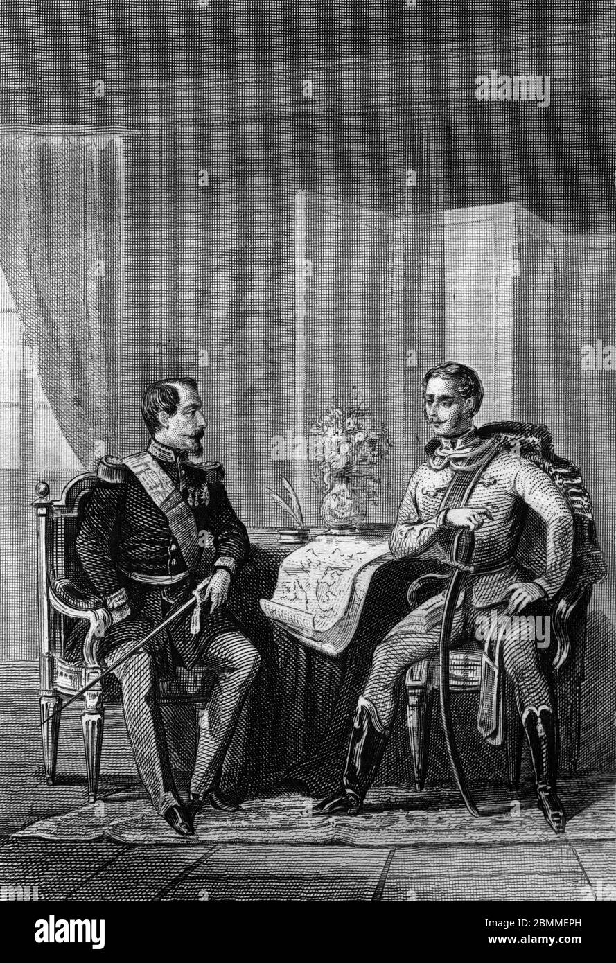 Unification italienne, contré entre François Joseph Ier d'Autriche (1830-1916) et Napoléon III (Charles Louis Napoléon Bonaparte, 1808-1873) (a gau Banque D'Images
