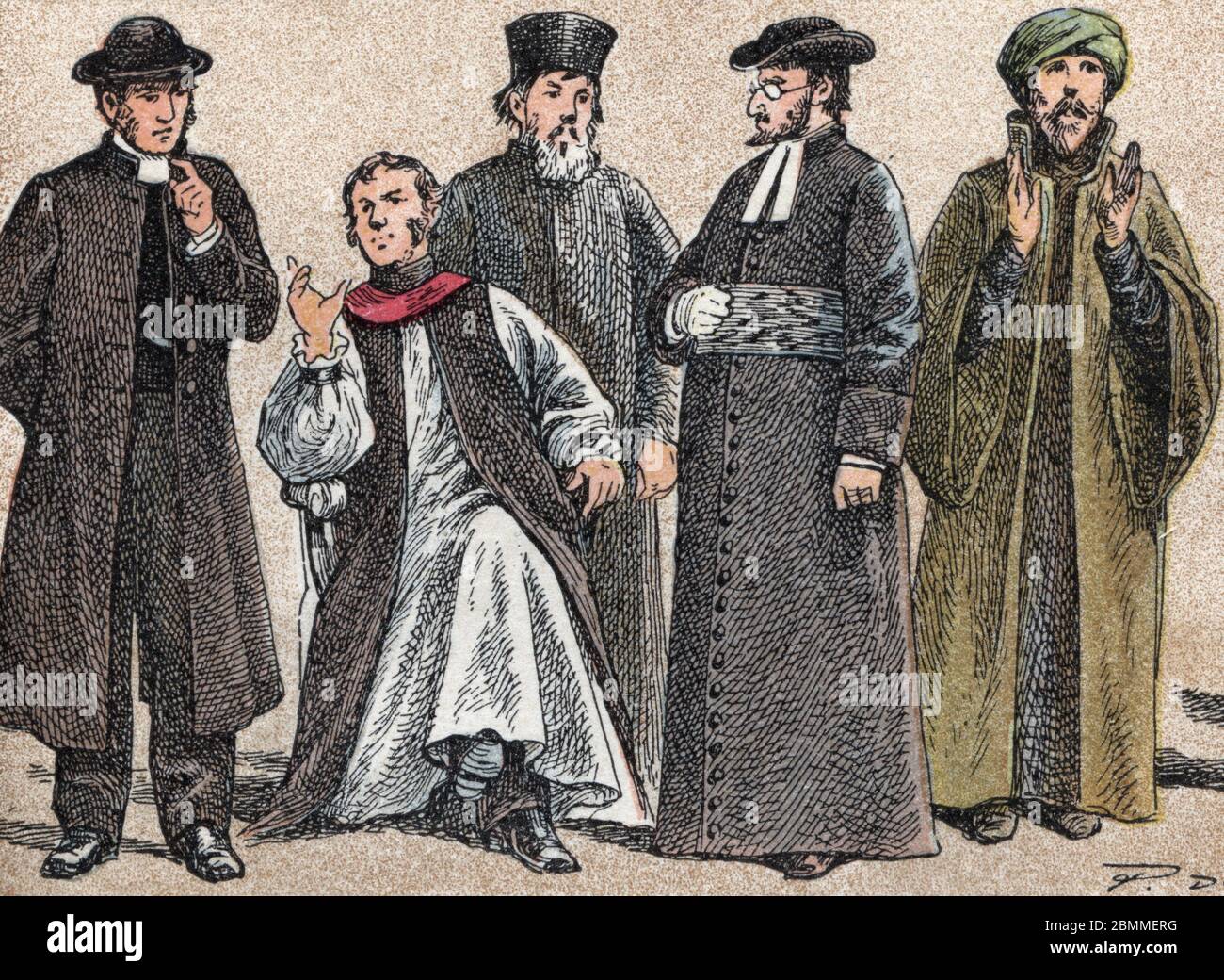 Costumes religieux : de g a d portrait d'un pasteur presbytérien, un eveque anglican, un pape (qui préside l'orthodoxe), un rabbin et un muezzin (membre de l Banque D'Images