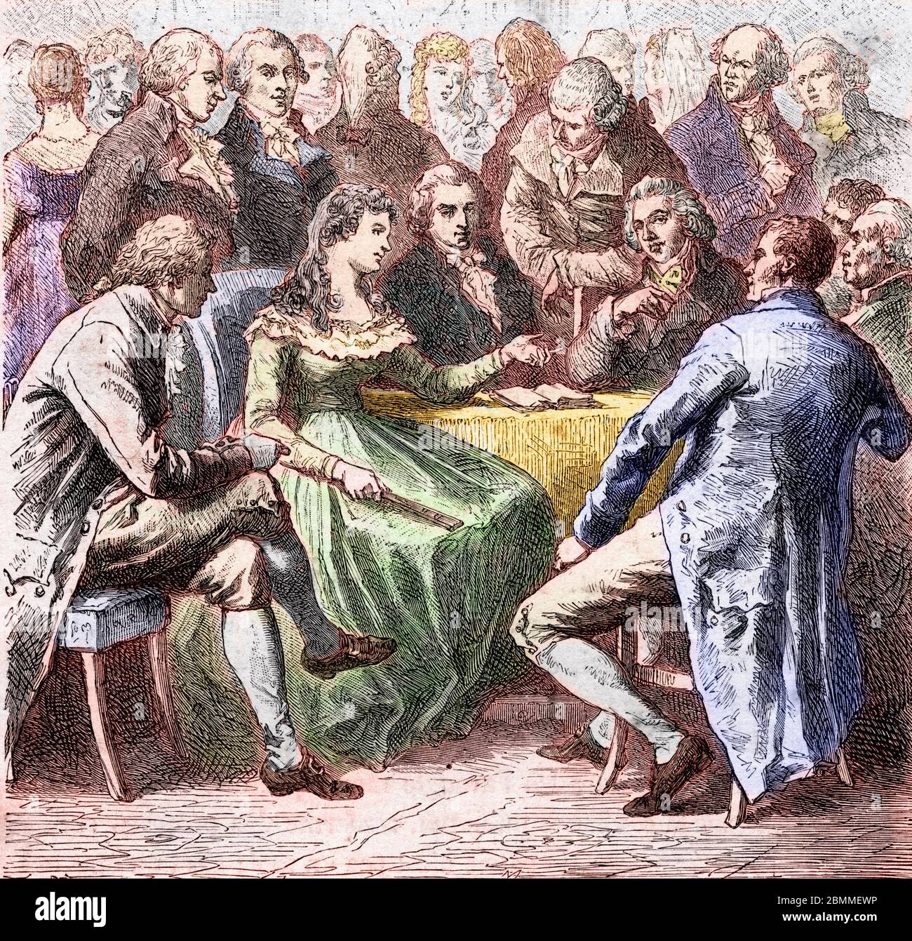 Révolution française : 'les Girondins se réunis chez madame Roland (Manon Roland) (1754-1793), elle y recoit de nombeux hommes politiques influents, Jac Banque D'Images