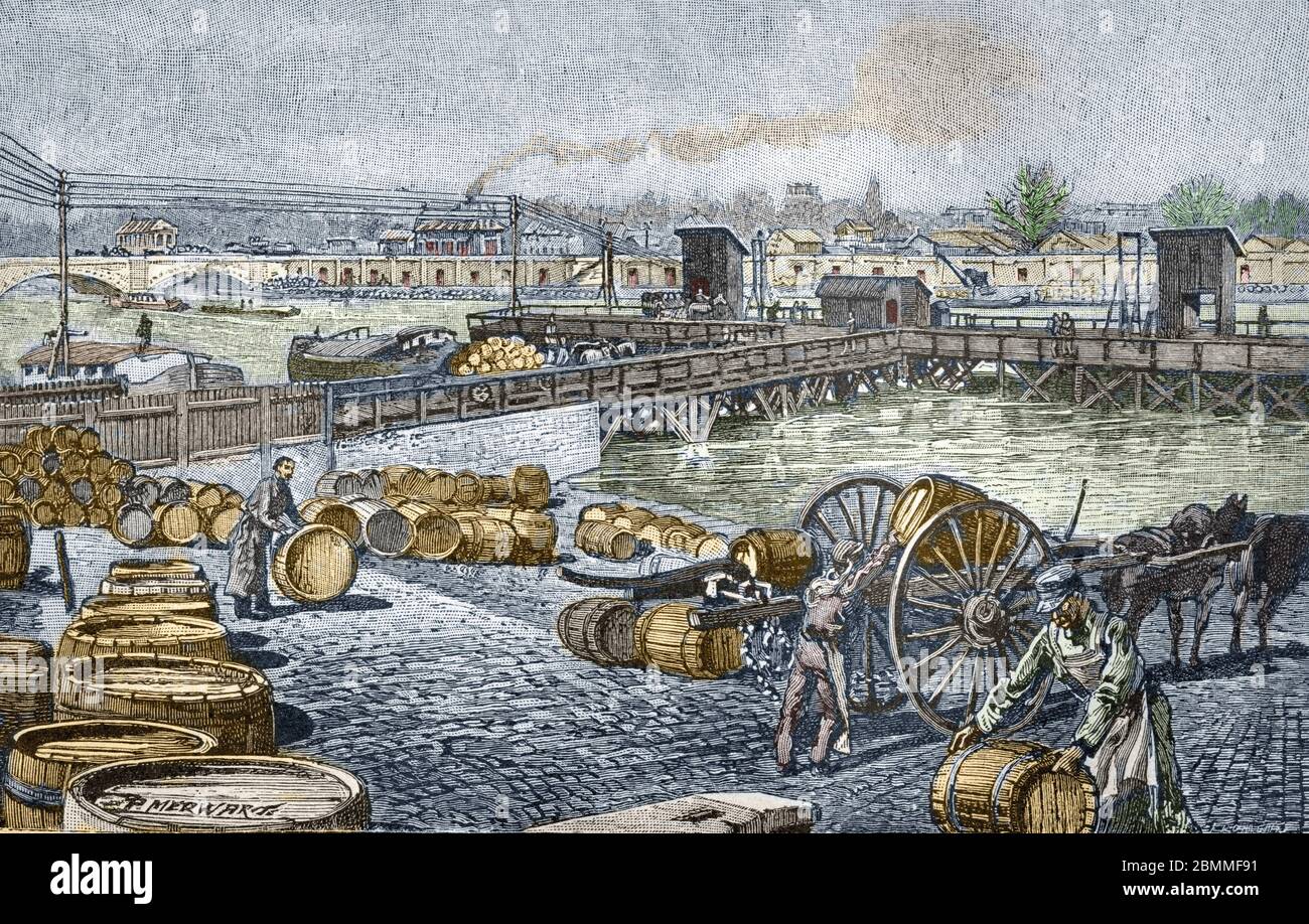 'Les entrepôts de vin sur le quai et de l'estacade de Bercy, Paris' (entrepôt de vin sur le quai de Bercy, les rives de la Seine, Paris) Gravure de 'les e Banque D'Images