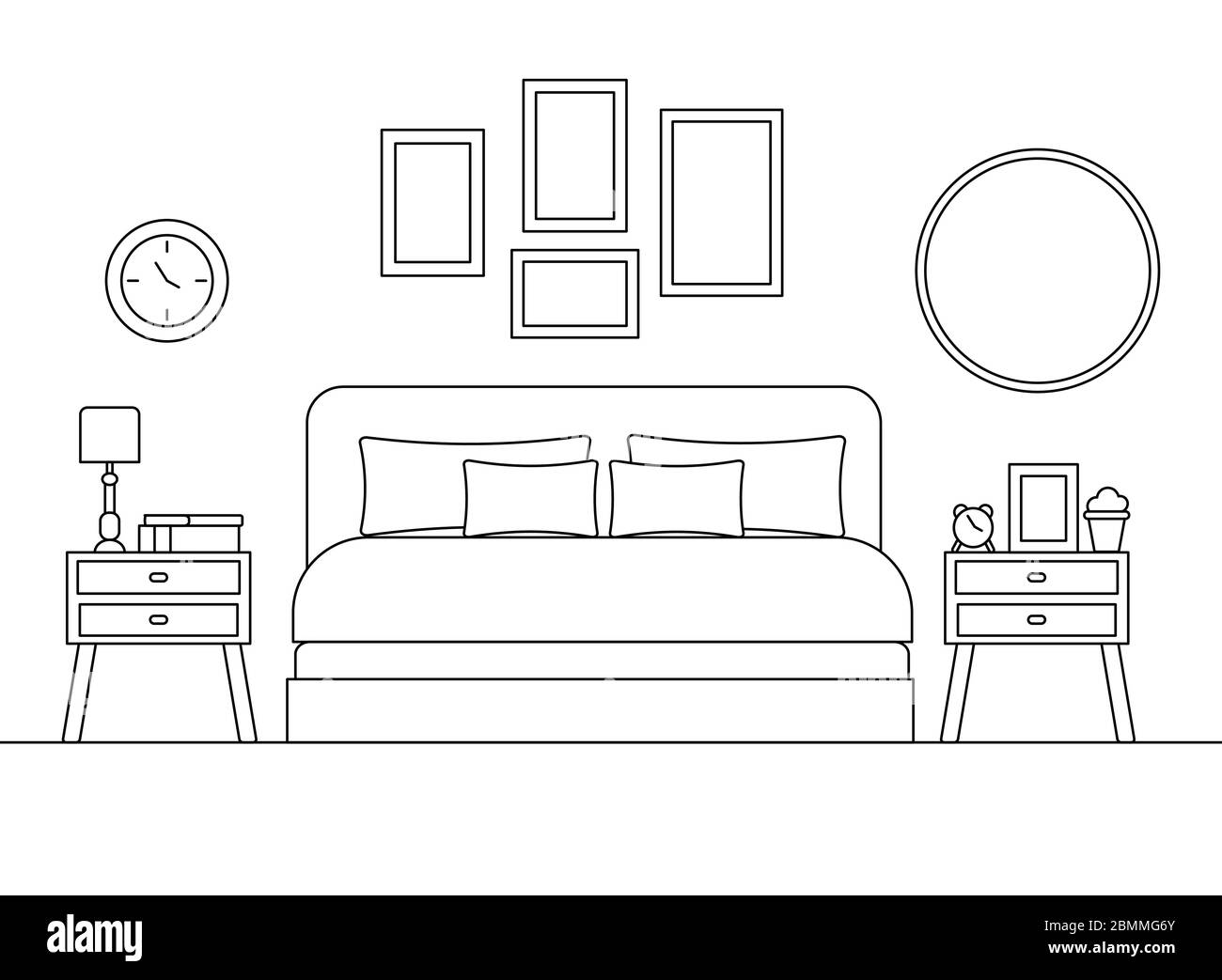 Chambre confortable scène intérieure linéaire avec mobilier isolé sur fond blanc. Illustration de Vecteur