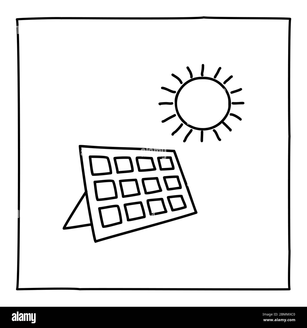 Icône ou logo de panneau solaire Doodle, dessiné à la main avec une fine ligne noire. Illustration de Vecteur